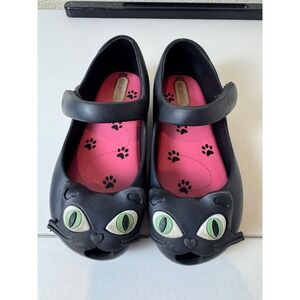 Mini Melissa Black Cat Mary Jane Shoes Kids‎ Size 9 Jelly Paw Print Insole